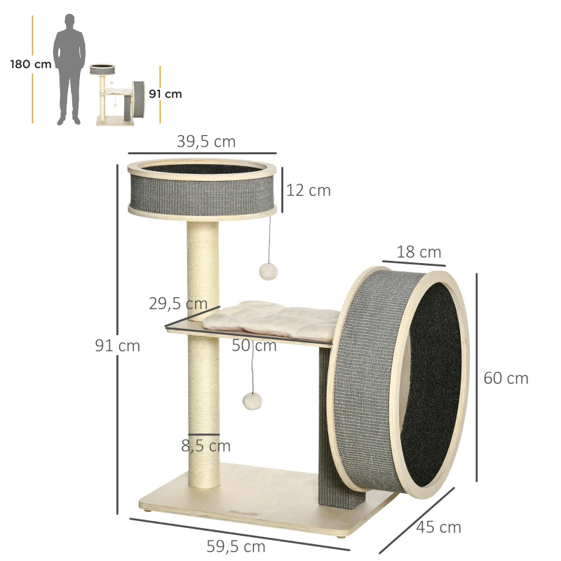PawHut Árbol Rascador para Gatos Mediano Altura 91 cm Torre Escalador Gatos con Rueda para Ejercitar Cama Plataforma Cojines Poste de Sisal y Bolas de Juguete Gris y Crema