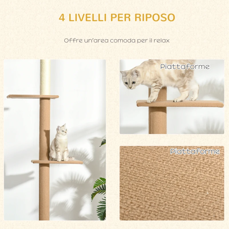 PawHut Albero Tiragraffi per Gatti a 4 Livelli con Altezza Regolabile, Marrone, 43x27x228-260cm
