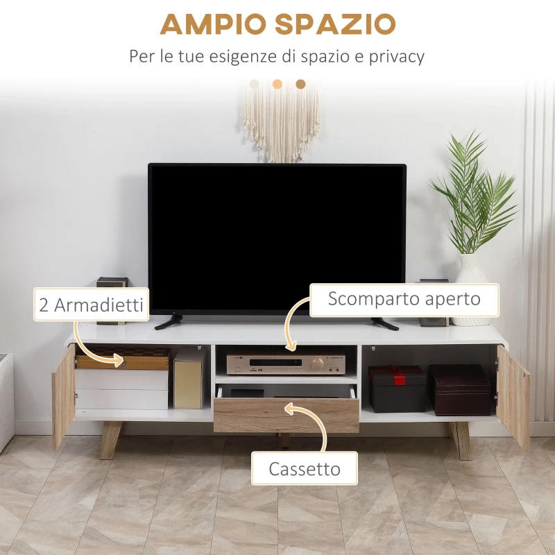 HOMCOM Mobile Porta TV Con Ante e Cassetto, Mobiletto da Salotto per TV fino a 72''in MDF, 160x40x45cm Bianco e Legno
