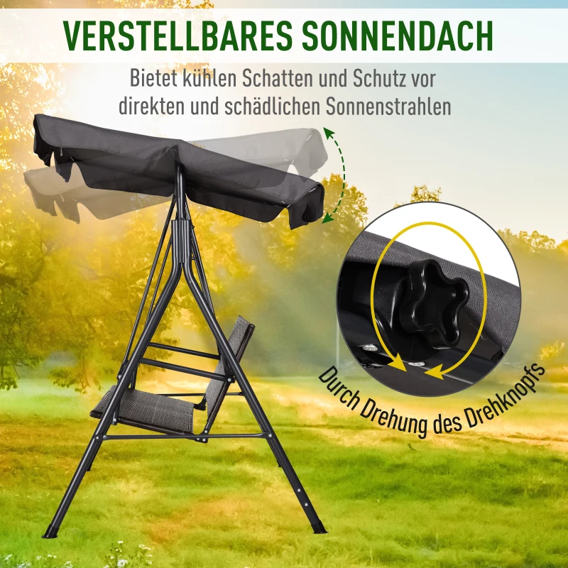 Outsunny Hollywoodschaukel, Gartenschaukel mit Baldachin, verstellbares Sonnendach, Schwarz + Braun + Grau