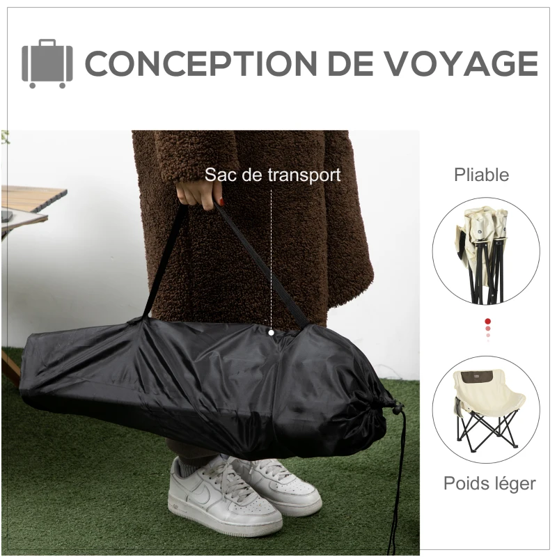 Outsunny Chaise de camping pliable avec sac de transport et pochette latérale compact ultra légère beige