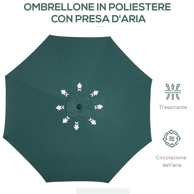 Outsunny Ombrellone da Giardino 3x2.5 m Inclinabile, con Manovella, in Metallo e Poliestere Verde