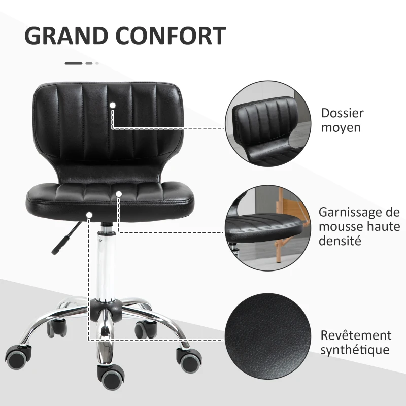 HOMCOM Tabouret à roulettes - tabouret de travail pivotant 360° -  - tabouret ergonomique - hauteur assise réglable 47-62 cm - revêtement synthétique matelassé noir métal chromé