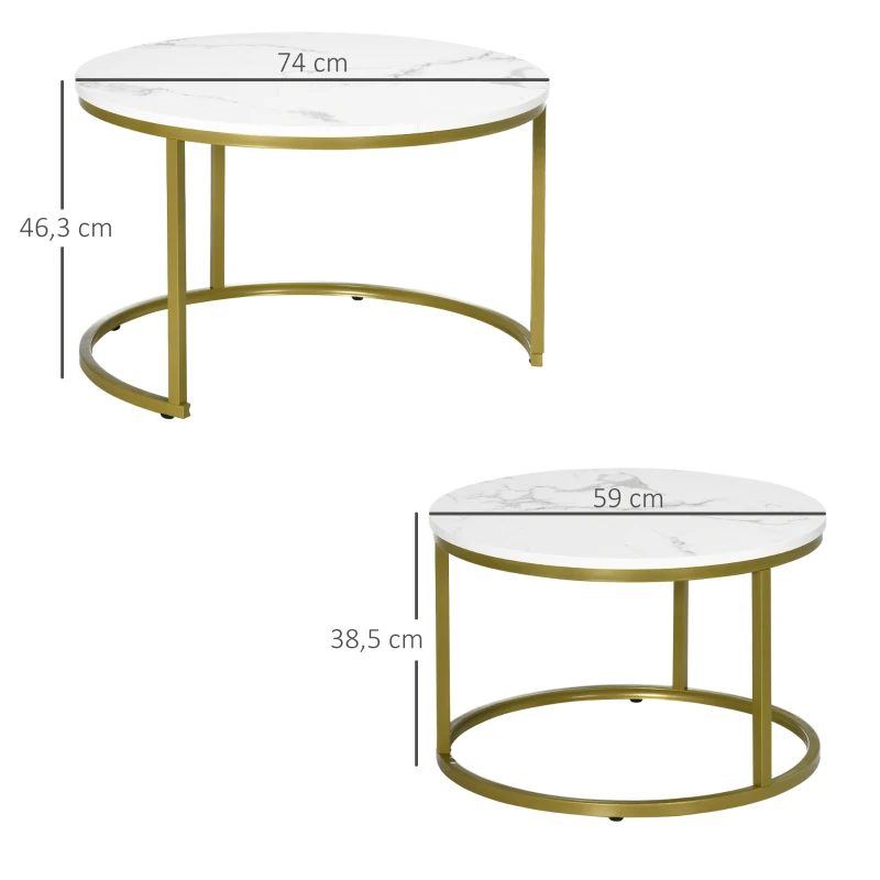 HOMCOM Lot de 2 tables basses gigognes tables rondes plateau aspect marbre et pied en acier Ø 74 x 46,3 cm blanc doré