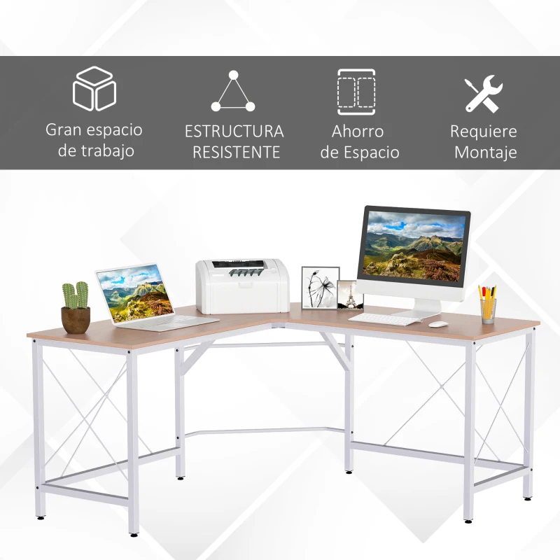 HOMCOM Escritorio Esquinero Moderno con Marco de Acero Carga 70 kg para Oficina Hogar Estudio 150x150x76 cm Roble