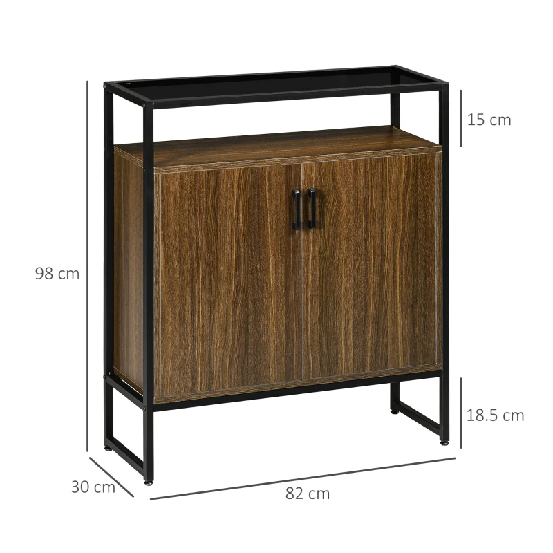 HOMCOM Armadietto Due Ante in MDF con Piano d'Appoggio in Vetro Temperato, 82x30x98 cm, Marrone e Nero
