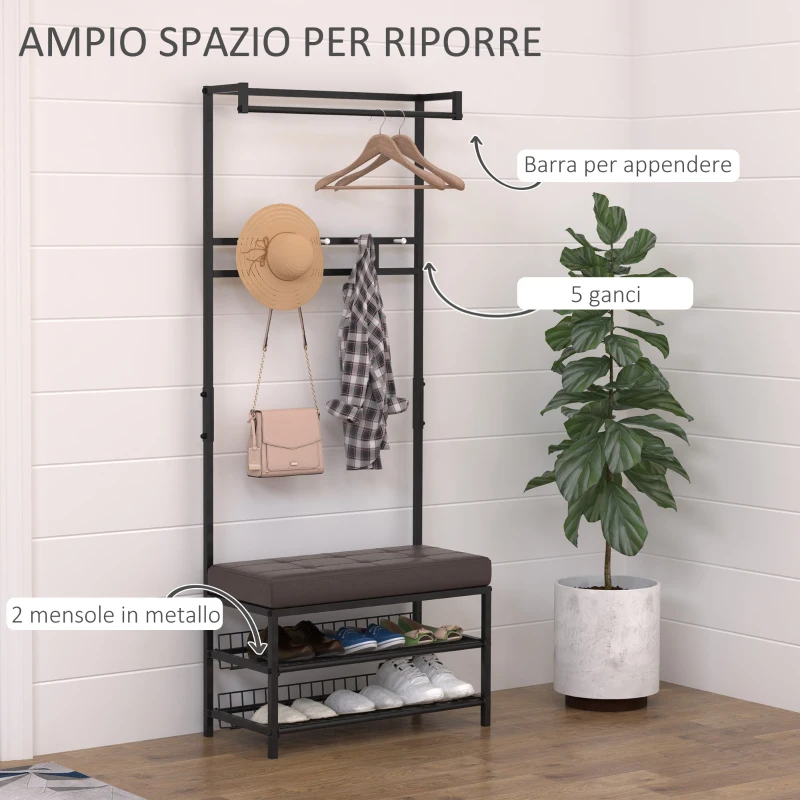 HOMCOM Appendiabiti da Terra con Panca Scarpiera, 5 Ganci e 2 Ripiani, Ferro ed Ecopelle, 72.5x35x180cm, Nero e Marrone