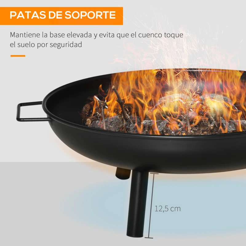 Outsunny Brasero Exterior Ø58x23 cm Cuenco de Fuego Redondo con Asas de Transporte 3 Pies y Marco de Metal para Hogueras Leñas Terraza Jardín al Aire Libre Negro