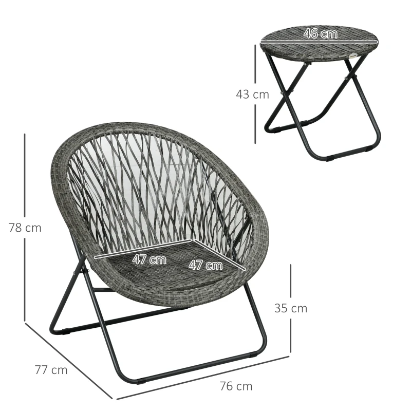 Outsunny 3 Pieces Rattan Bistro Set, Wicker Folding Garden Furniture Set with Round Coffee Table and Chairs for Outdoor, Patio, Balcony, Grey