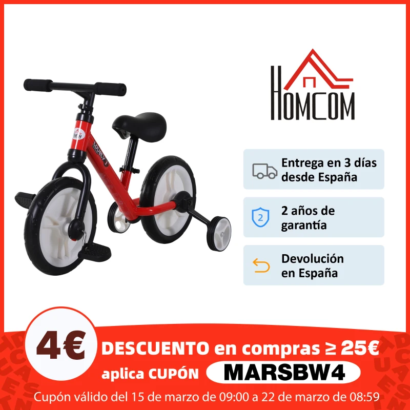 HOMCOM Bicicleta de Equilibrio con Pedales y Ruedas Entrenamiento Extraíbles de Asiento Regulable 33-38cm Niños +24 Meses Carga 25kg Rojo