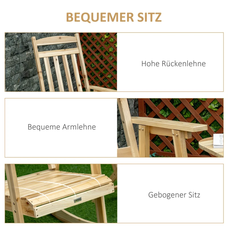 Outsunny Schaukelstuhl Holz mit Beistelltisch 2 tlg. Schaukelsessel Set Gartenstuhl mit Armlehnen hoher Rückenlehne outdoor Natur