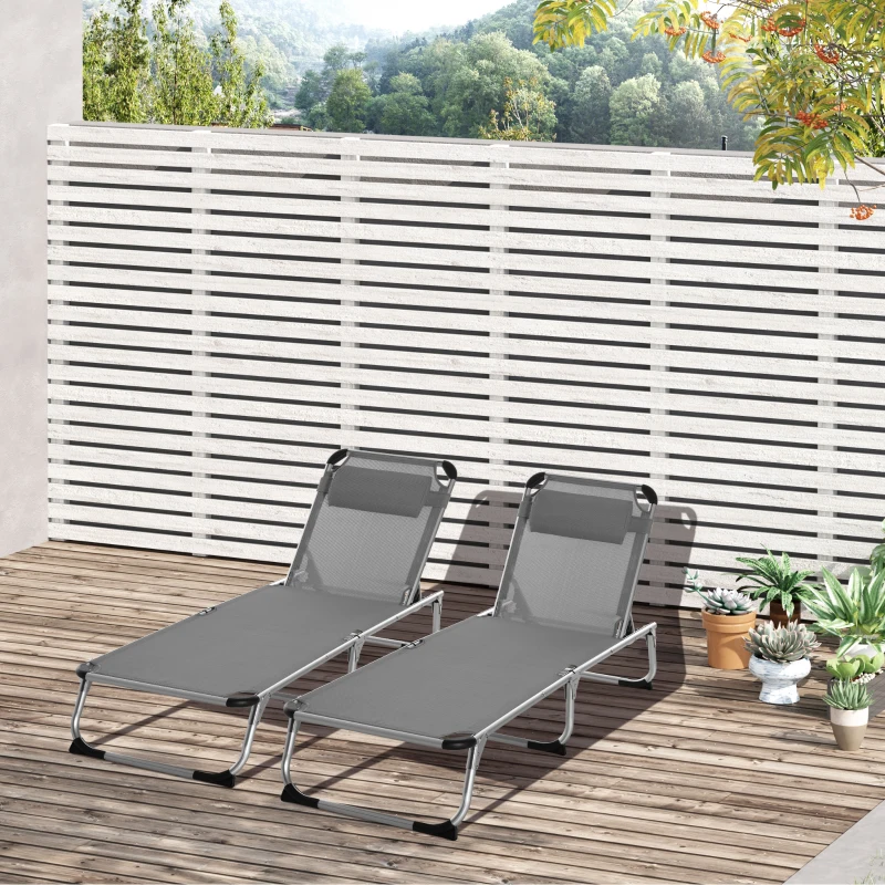 Outsunny Foldable Outdoor Sun Loungers Set of 2, Reclining Lounge Chair Camping Bed Cot with Pillow 4-Level Adjustable Back Aluminium Frame, Grey