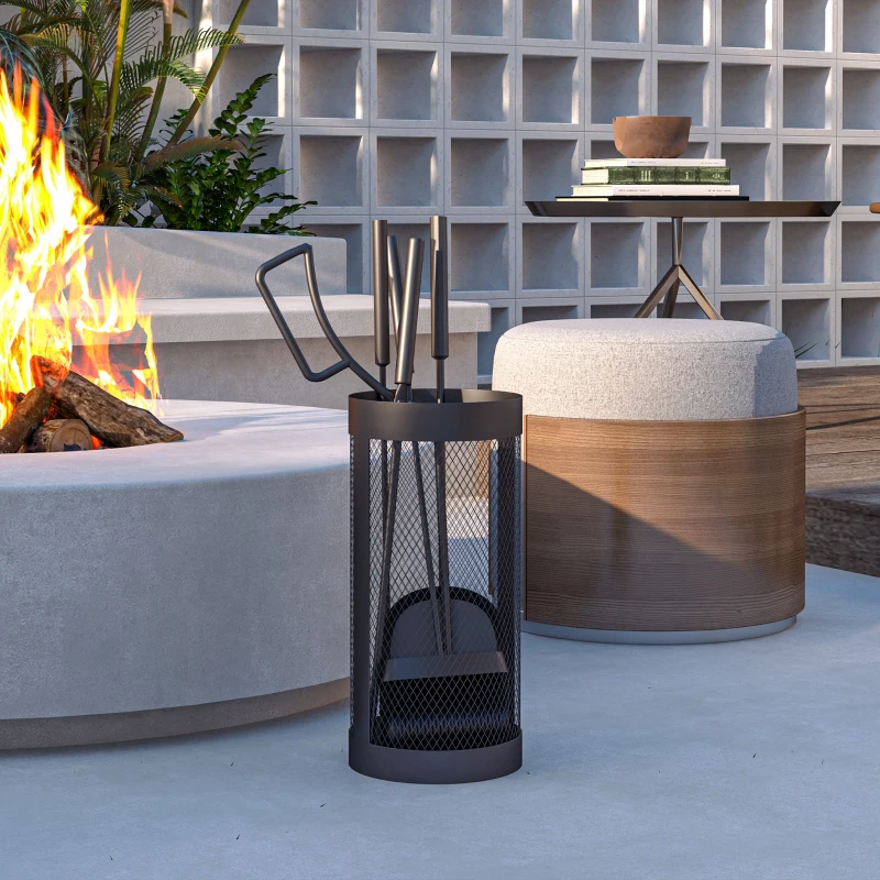 Outsunny Kaminbesteck, 5-teilig, Besen, Schaufel, Zange, Schürhaken und Korb, feuerfestes Metall, Schwarz