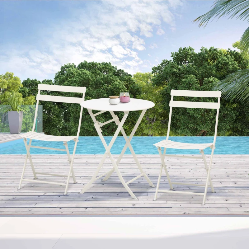 Outsunny Salon de jardin bistro pliable - table ronde Ø 60 cm avec 2 chaises pliantes - métal thermolaqué blanc