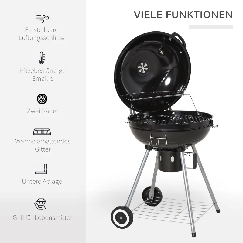 Outsunny Grillwagen Kohlegrill Standgrill BBQ rund mit Aschefänger Metall Schwarz Ø57 x 94 cm