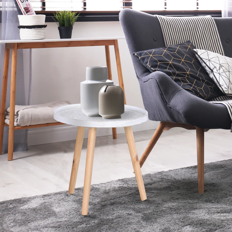 HOMCOM Coffee Table, Carved Floral Round Table with Tray-style Top and Wood Legs, Modern Side Table for Living Room, White