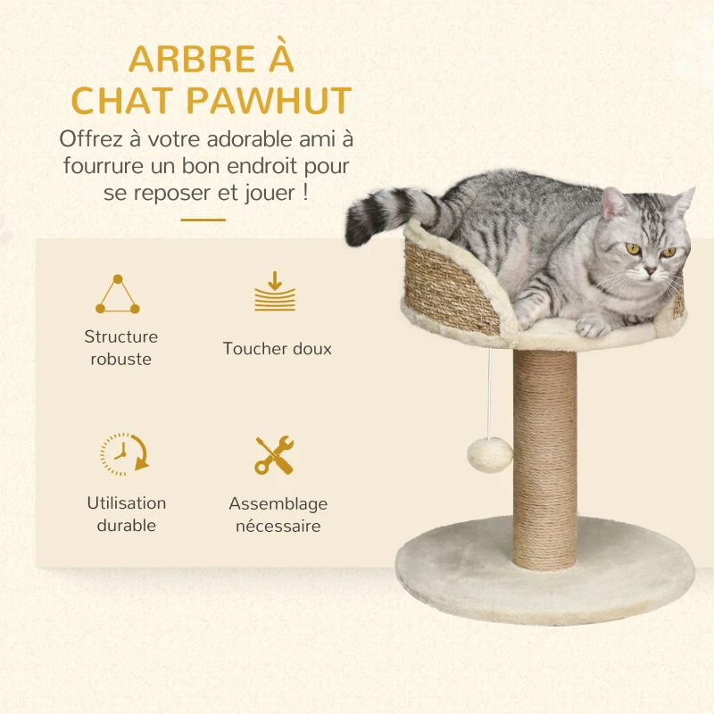 PawHut Arbre à chat arbre à grimper grattoir design jeu pompon suspendu + plateforme peluche 40 x 40 x 49 cm sisal beige