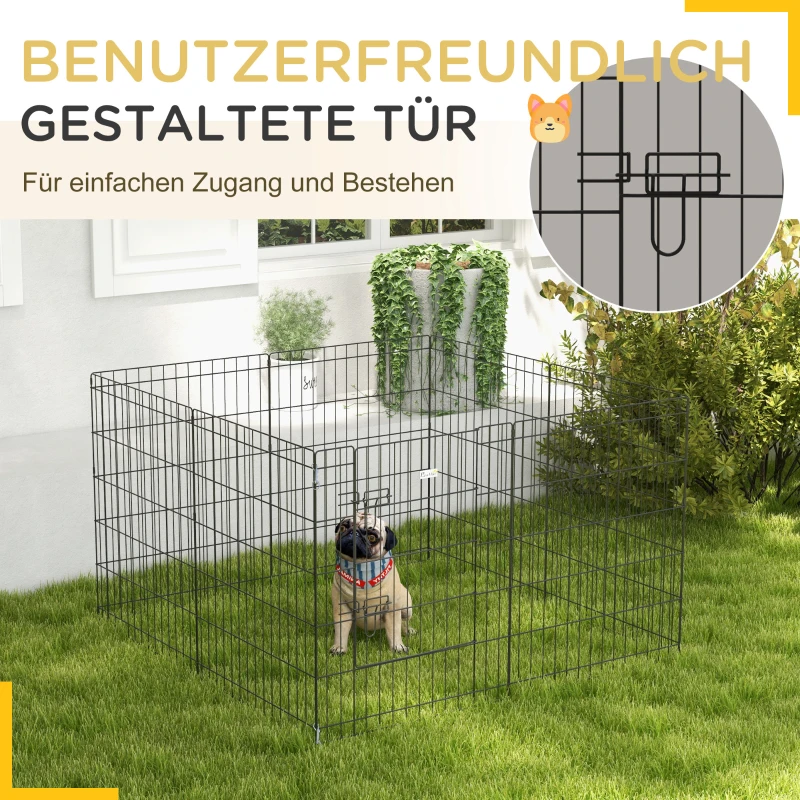 PawHut Haustierlaufstall, Spielgehege für Welpen und kleine Hunde, mit Tür, Indoor- und Outdoor-tauglich, 76 cm, Schwarz(m-7)
