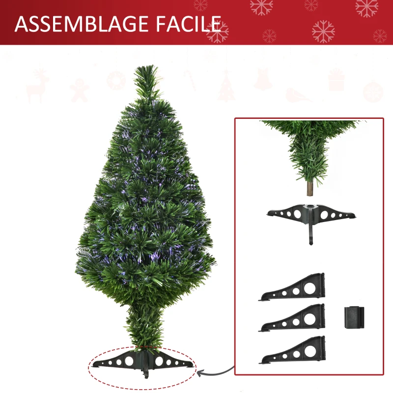 HOMCOM Sapin de Noël Artificiel Lumineux 90H cm Fibre Optique Multicolore + Support Pied 90 Branches Vert