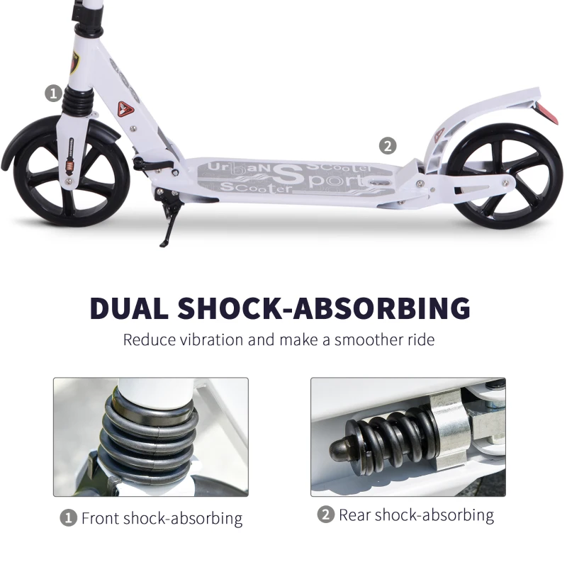 HOMCOM Folding Kick Scooter, Adjustable Ride On Scooter with 200mm Big Wheels and Double Shock Absorption, Urban Scooter for 14+ Teens Adult, White