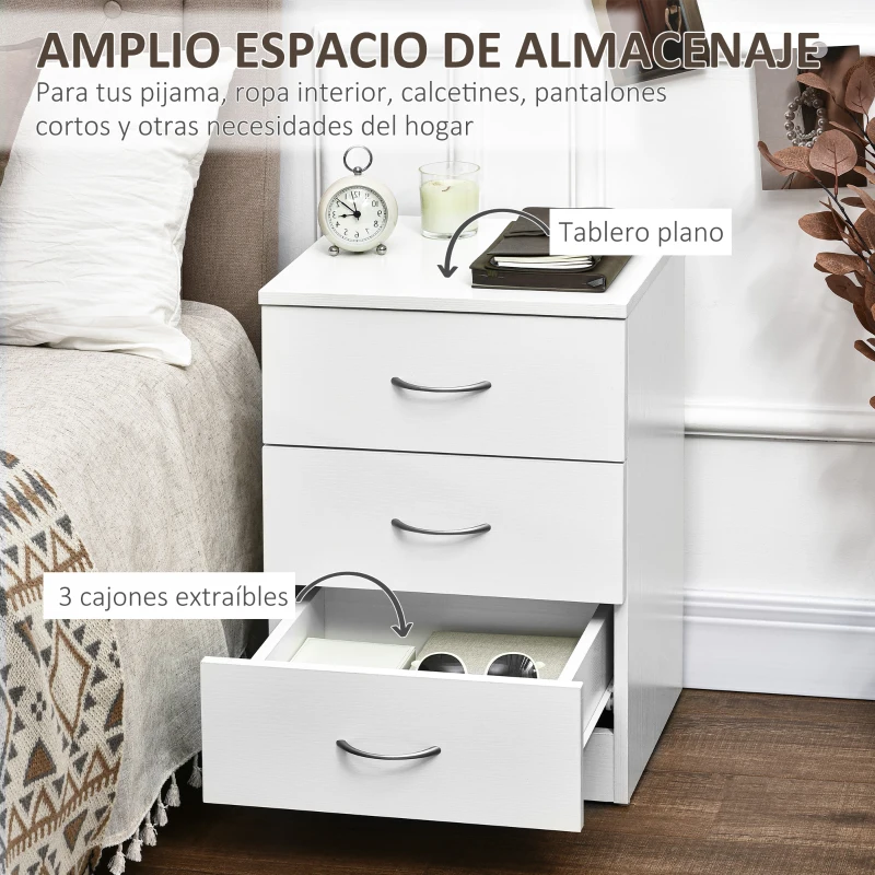 HOMCOM Mesilla de Noche con 3 Cajones y Asas de Aluminio Mesa de Noche para Dormitorio Salón 40x35x58 cm Blanco