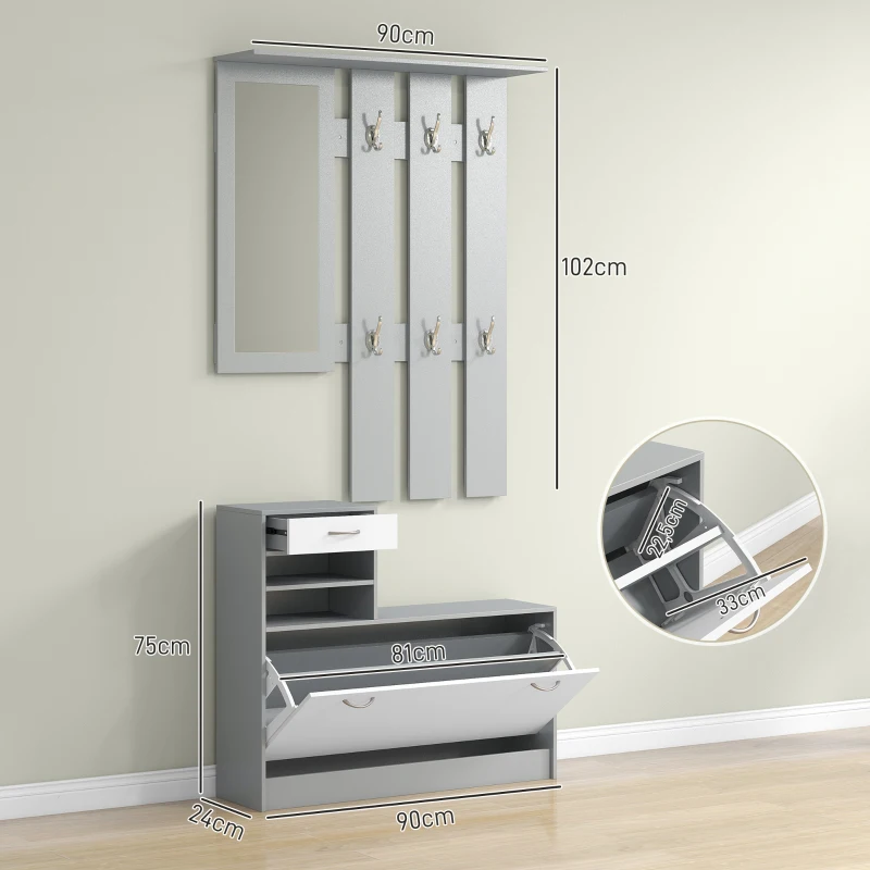 HOMCOM Recibidor de Entrada con Espejo Perchero y Zapatero Mueble de Recibidor de 2 Piezas con Ganchos Estantes y Cajón Gris(m-3)