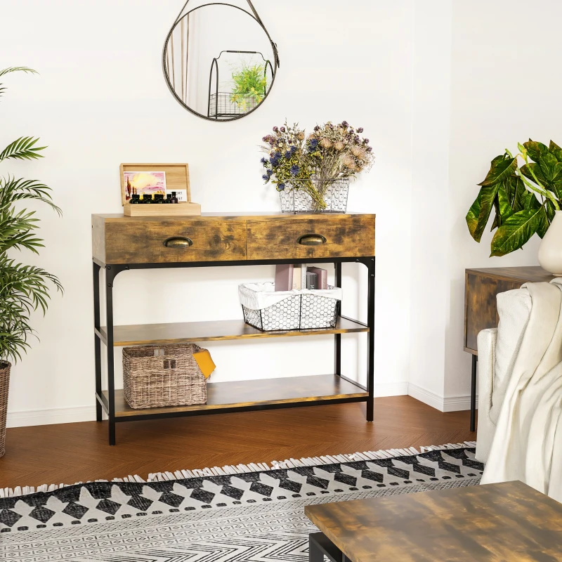HOMCOM Table Console - Table d'entrée - Table d'appoint  Industriel 2 tiroirs 2 étagères métal Noir en Bois rustique
