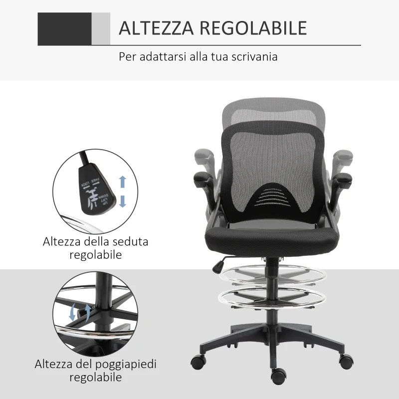 Vinsetto Sedia da Ufficio Traspirante ad Altezza Regolabile con Braccioli Ribaltabili, 64x60x106-126 cm, Nera