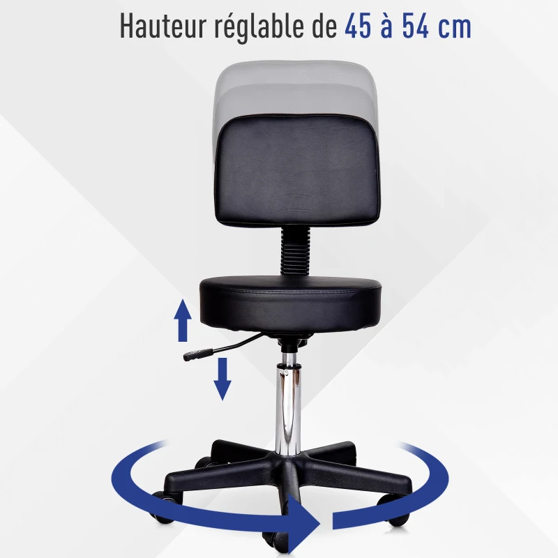 HOMCOM Tabouret massage a roulettes reglable en hauteur pivotant avec dossier ergonomique noir