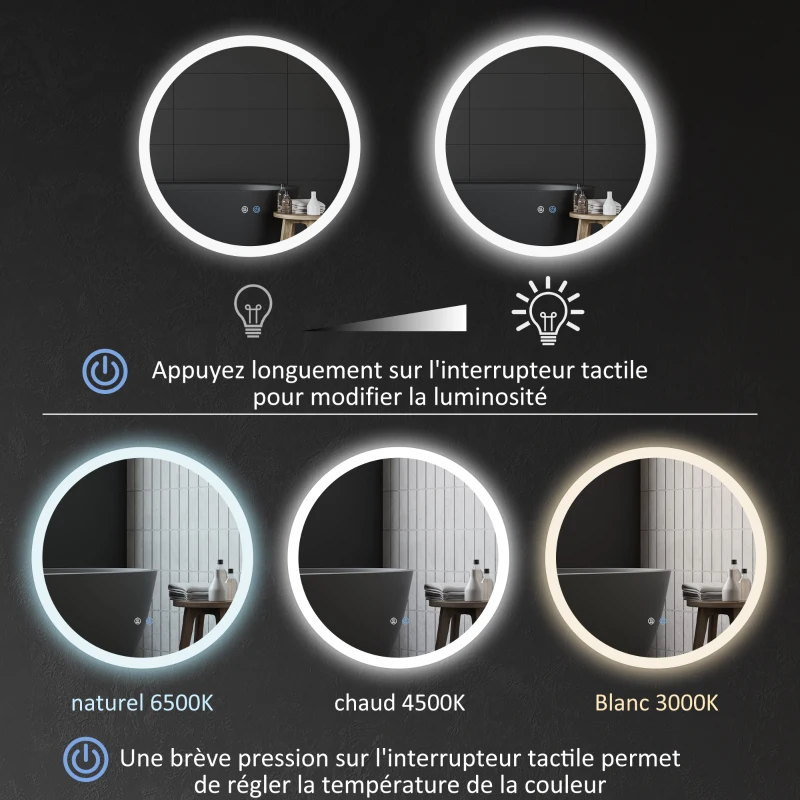 kleankin Miroir rond lumineux LED de salle de bain Ø 60 cm mural avec éclairage 3 couleurs interrupteur tactile 29 W gris