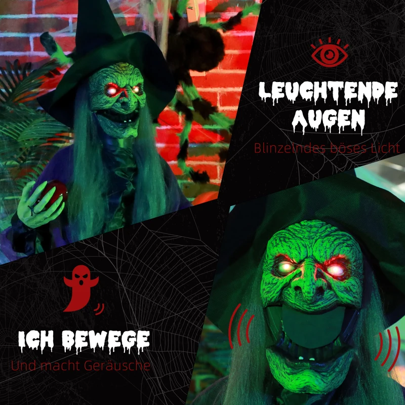 HOMCOM Hexe mit Giftapfel, Helloweendeko, gruselige Laute, rote Augen, bewegliche Arme, 180 cm(m-5)
