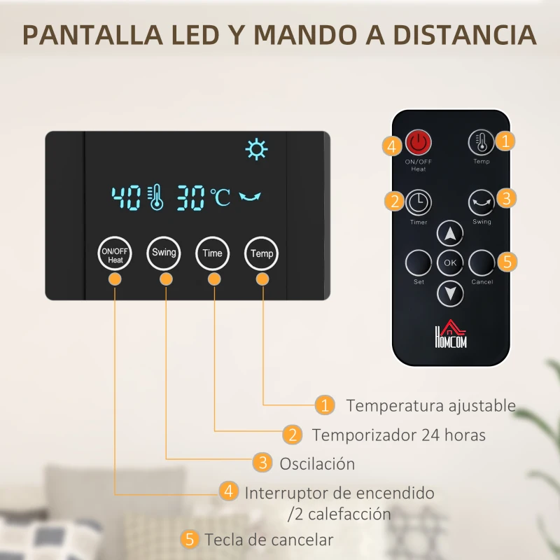 HOMCOM Calefactor Eléctrico de Pared 1000W/2000W Estufa con Pantalla LED y Mando a Distancia 54,5x12x21,5 cm Negro