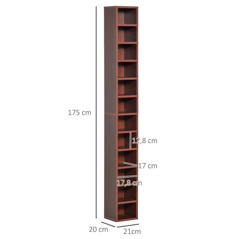 HOMCOM Rangements pour CD et DVD, étagère colonne de rangement, meuble de rangement avec 12 compartiments, capacité max. 204 CD, 21 x 20 x 175 cm, marron