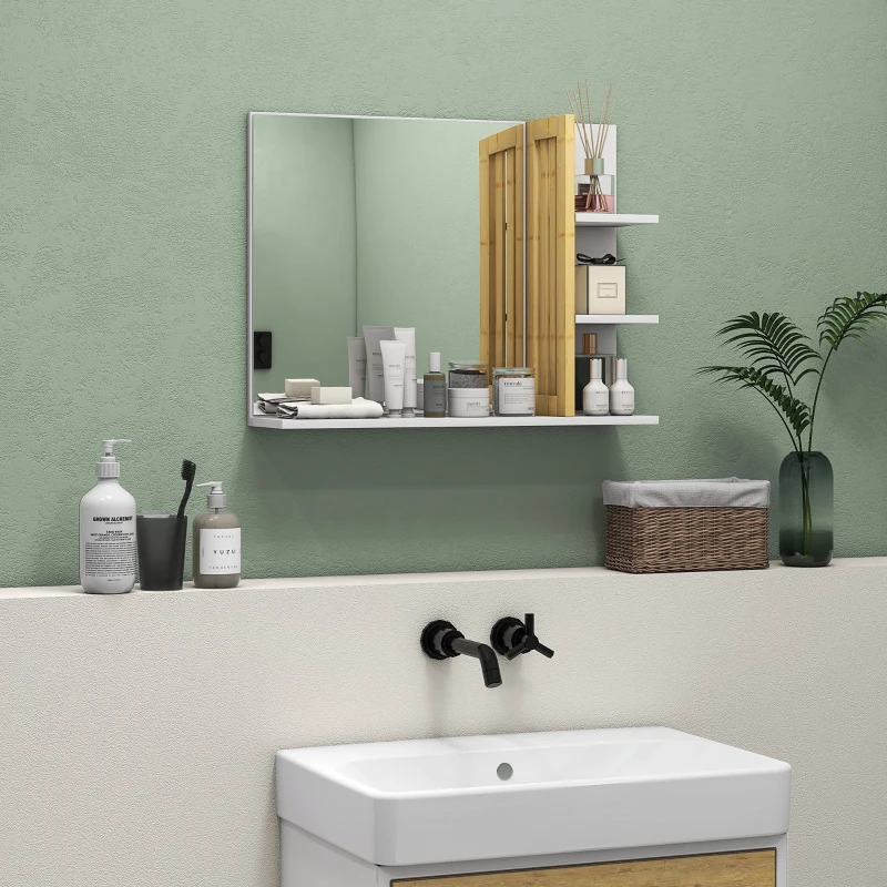 HOMCOM Espejo de Baño Moderno Espejo de Pared Rectangular con 4 Estantes de Almacenamiento para Maquillaje 45x15x58,5 cm Blanco