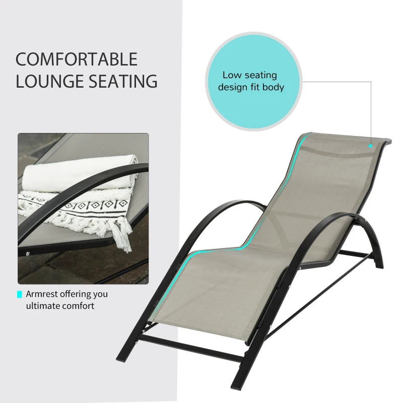 Outsunny 3 Pieces Sun Lounger Chair Set, Metal Frame Garden Outdoor Sunbathing Chair with Side Table and Armrest, Grey