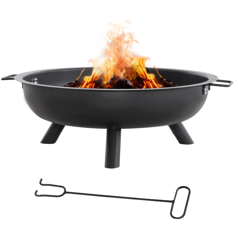 Outsunny Feuerschale mit Schürhaken Feuerkorb rund Feuerstelle für Garten Camping BBQ Stahl Schwarz 79 x 69 x 25,5 cm