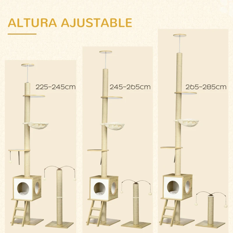 PawHut Árbol para Gatos de Suelo a Techo con Altura Ajustable y Juego de Entretenimiento Libre 40x40x225-285 cm Beige