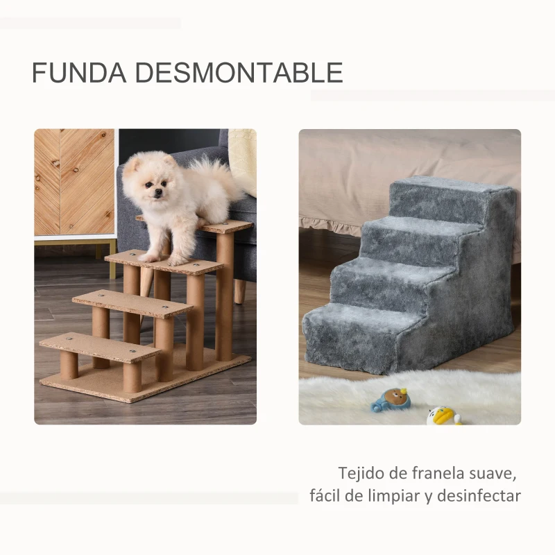 PawHut Escalera para Perros de 4 Peldaños Escalera para Mascotas con Funda Extraíble y Lavable para Cama Sofá 60x35x44 cm Gris
