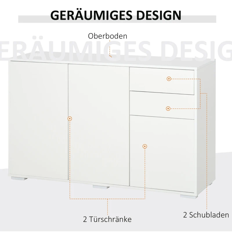 HOMCOM Standschrank Aufbewahrungsschrank Mehrzweckschrank Aktenschrank Kommode 2 Schublade 3 Türen E1 Spanplatte Weiß 117 x 36 x 74 cm