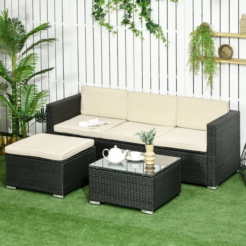 Outsunny Conjunto de Muebles de Ratán de Jardín Sofá de 3 Plazas Taburete y Mesa de Centro con Encimera de Cristal Negro