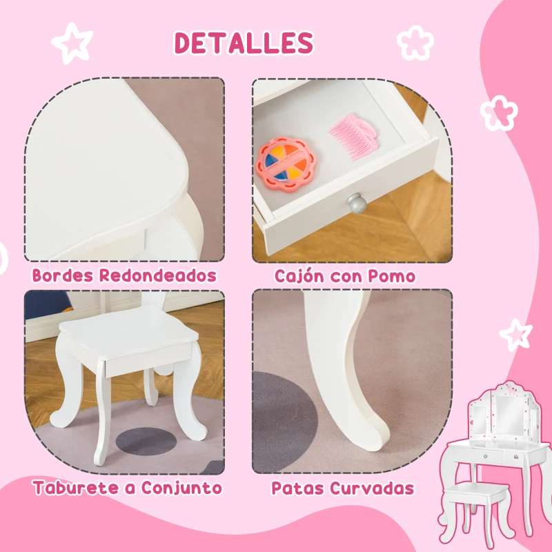 HOMCOM Tocador Infantil con Taburete y Espejo Ajustable, Tocador para Niñas con Cajón, Mesa de Maquillaje para Niños y Niñas de 3-6 Años, Blanco