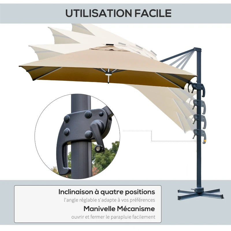 Outsunny Parasol déporté carré parasol LED inclinable pivotant 360° manivelle piètement acier dim. 3L x 3l x 2,74H m beige