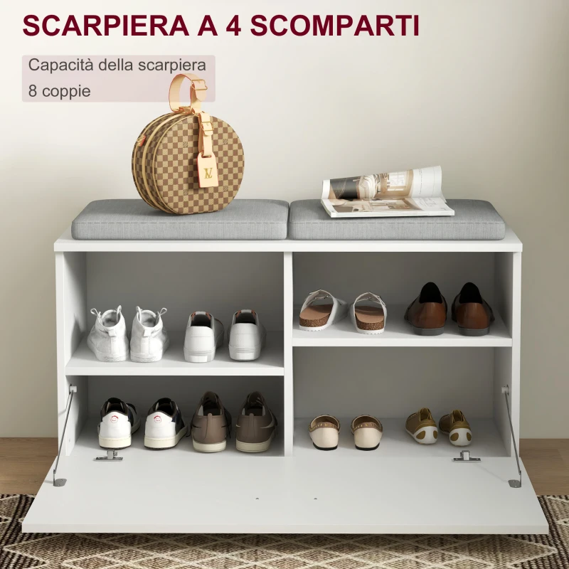 HOMCOM Set Mobili da Ingresso con Appendiabiti, Specchio, Panca con Cuscini e Scarpiera per 8 Paia di Scarpe, Bianco