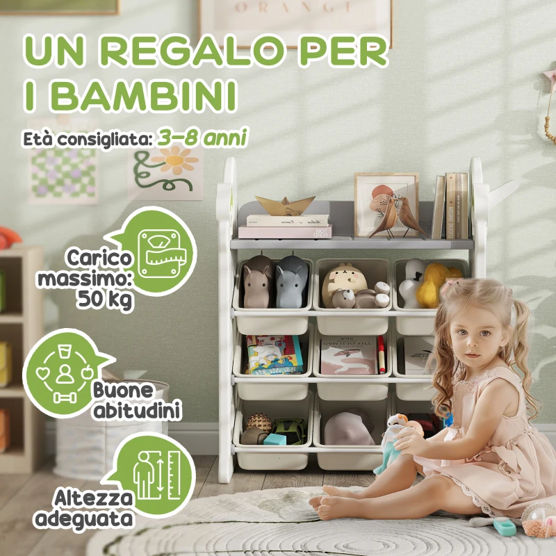 AIYAPLAY Scaffale Portagiochi a 4 Livelli con 9 Contenitori e Gancio Laterale, in HDPE, 77x42x94 cm, Bianco Crema