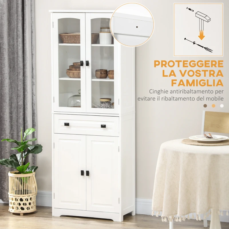 HOMCOM Credenza da Cucina Alta con 2 Armadietti e Cassetto, Ante a Vetri e Ripiani Regolabili, 60x30x160cm, Bianco