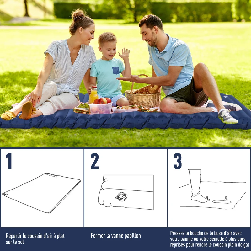 Outsunny Matelas autogonflant de camping - grand confort 2 personnes - pliable avec sac de transport inclus - bleu marine