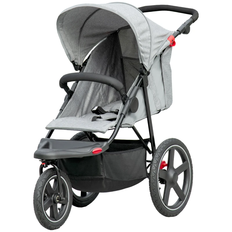 HOMCOM Foldable Three-Wheeler Baby Stroller w/ Canopy, Storage Basket - Grey