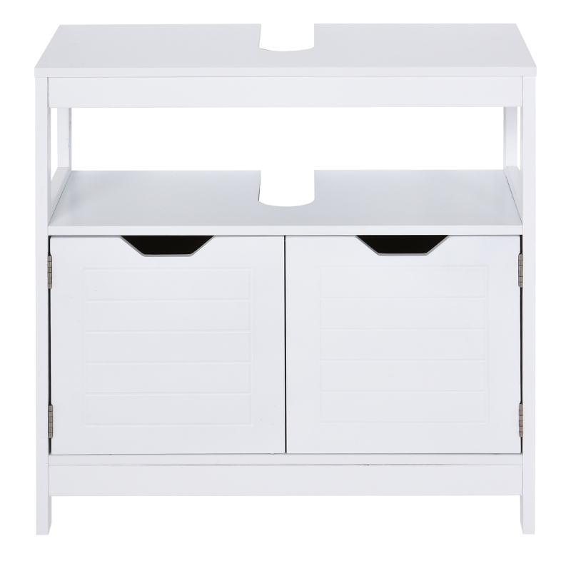 kleankin Armario para Debajo de Lavabo Gabinete de Baño con Estante 2 Puerta de Almacenamiento Dispositivo Antivuelco Resistente a la Humedad 60x30x60 cm Blanco