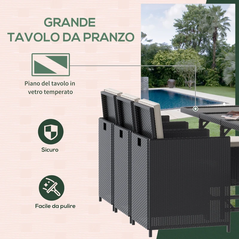 Outsunny Set 11 PZ Mobili da Giardino in Rattan da Esterno con Tavolo in Vetro Temperato e Cuscini, Set da Pranzo, Nero