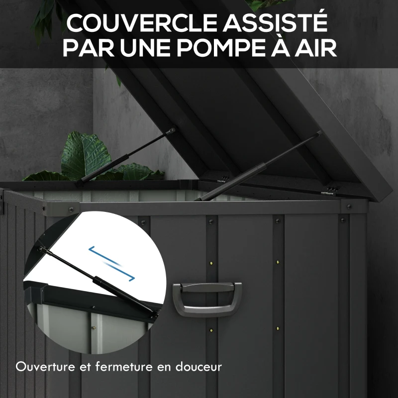 Outsunny Coffre de rangement pour jardin 450L en métal avec vérin à gaz, roulettes et poignée - dim. 125,5L x 61,5l x 70H cm